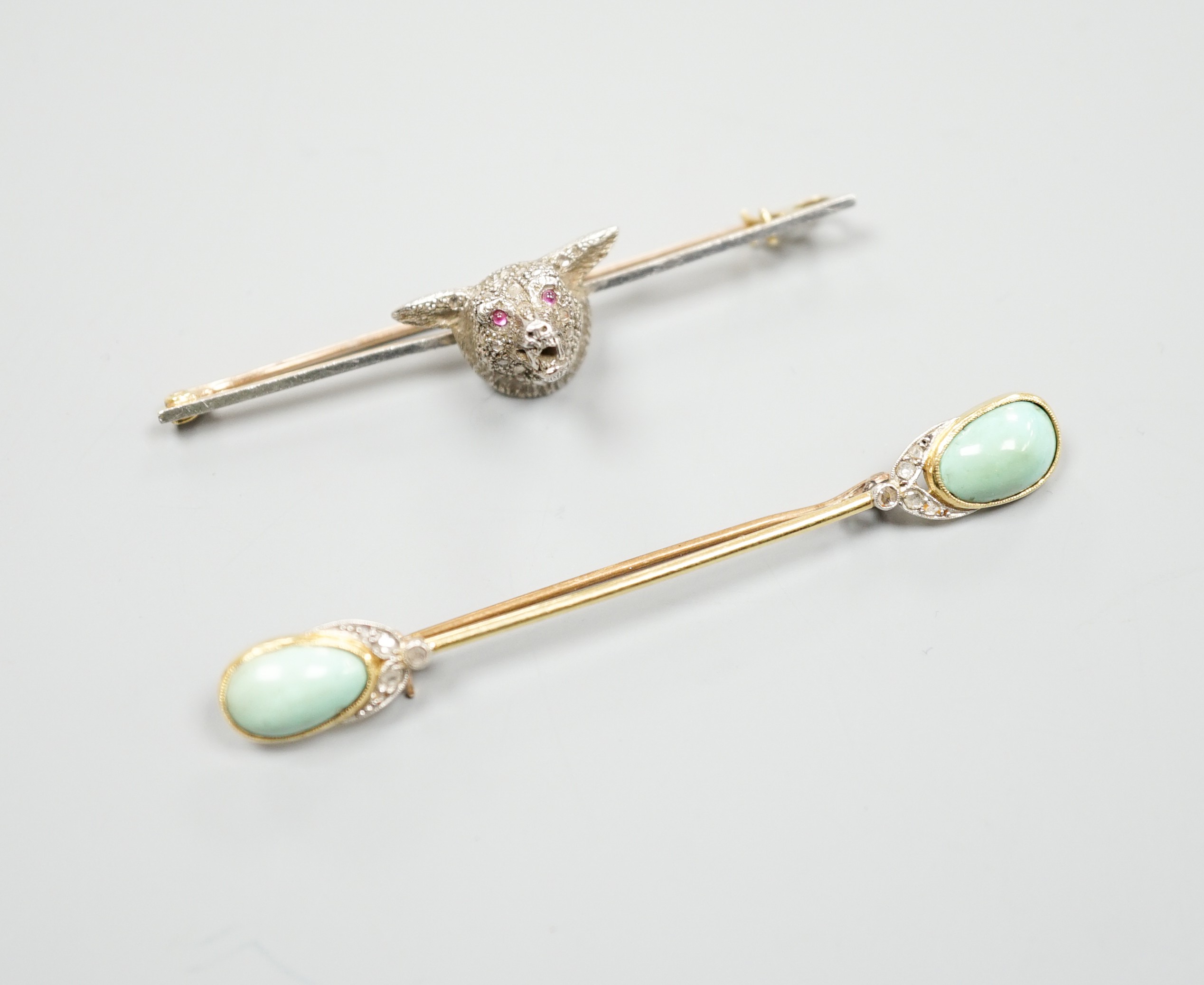 A yellow and white metal, rose cut diamond set fox head bar brooch, 62mm and a yellow metal, rose cut diamond and turquoise set bar brooch, gross weight 11.6 grams.